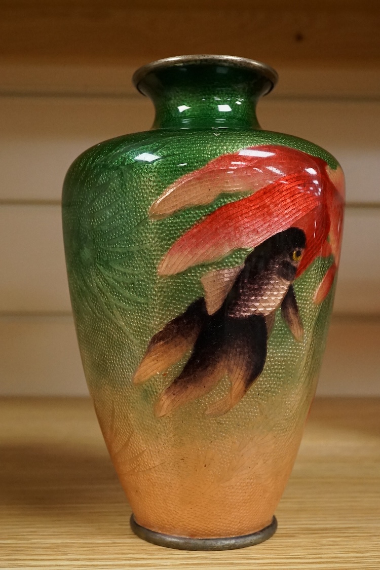 A Japanese ginbari enamel ‘koi carp’ vase, early 20th century, 18cm high